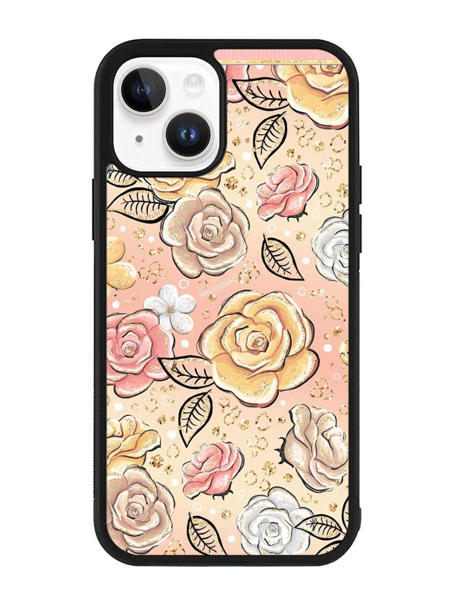 Gold Glitter Flowers iPhone 14 Plus Case QC5906