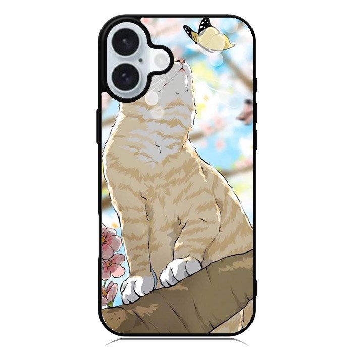 Cat and Butterfly Cartoon iPhone 16 Case QC11191