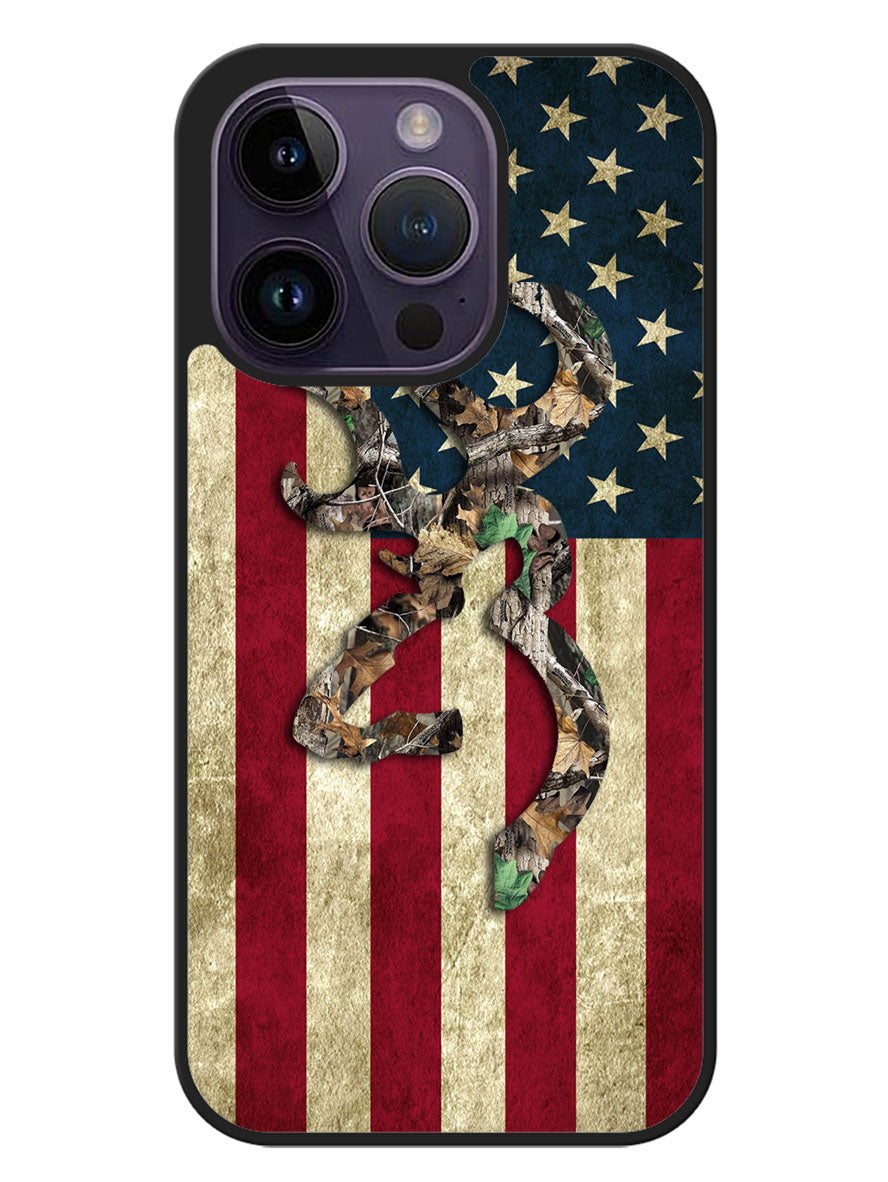 Browning Deer Real Tree Camo USA Flag iPhone 14 Pro Max Case