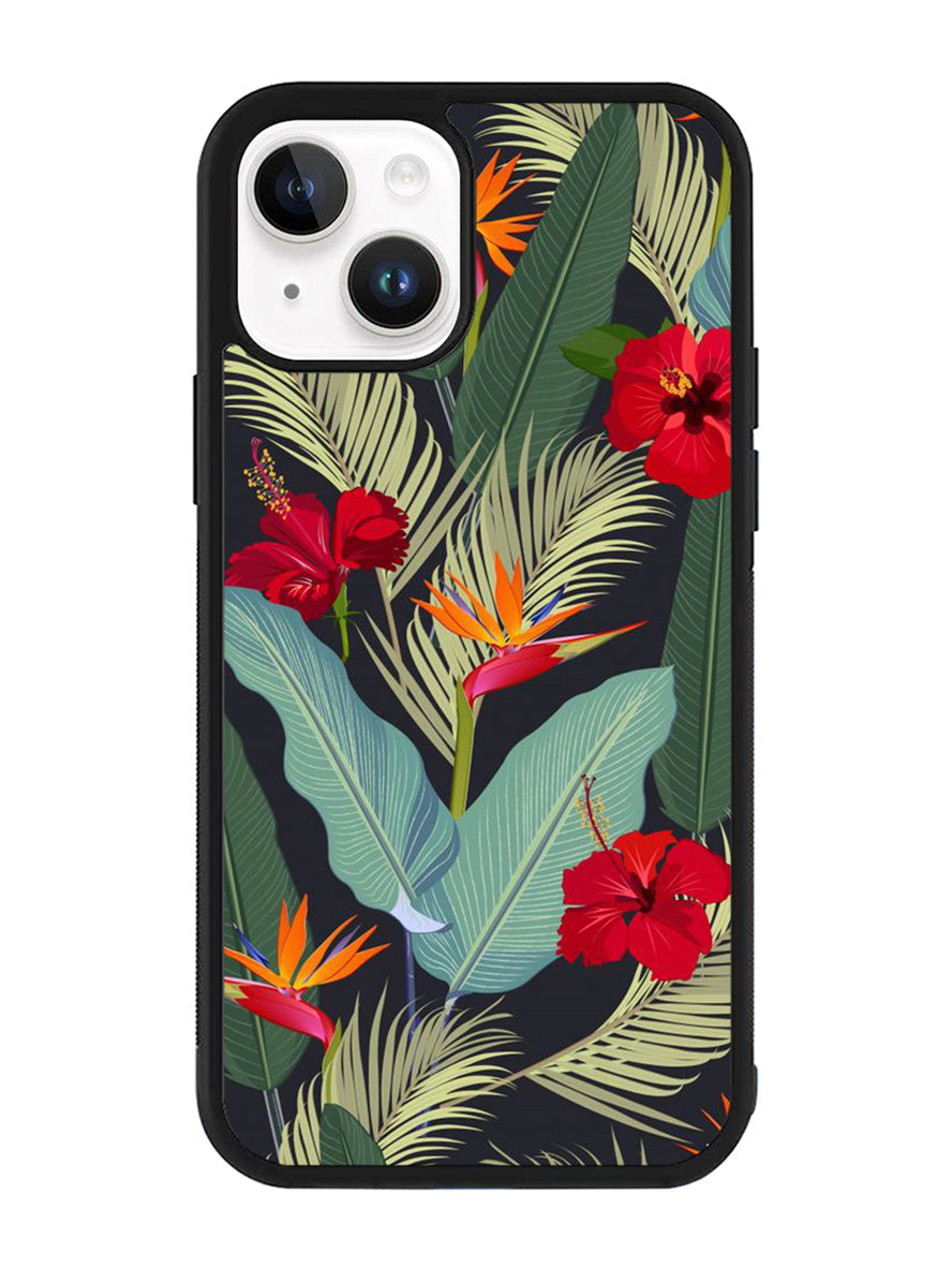 pattern tropical leaves with red hibiscus flower and bird of paradise iPhone 14 Plus Case QC10790