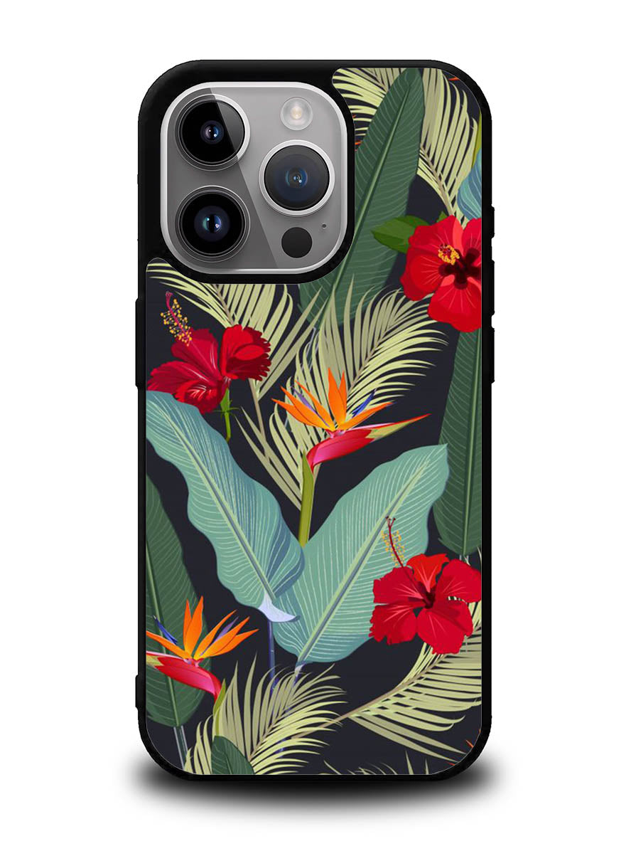 pattern tropical leaves with red hibiscus flower and bird of paradise iPhone 16 Pro Case OV10790