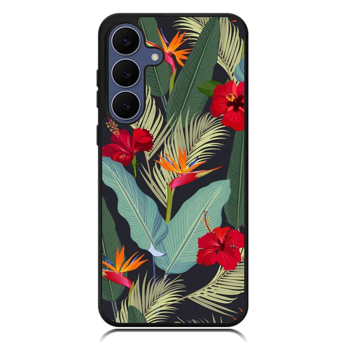 pattern tropical leaves with red hibiscus flower and bird of paradise Samsung Galaxy S25 FE Case OV10790