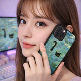 Black Cat Swimming Pond Dream Illustration Case Cover Protective for iPhone, Samsung & Google Pixel HE0030