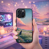Black Cat Sunset Meadow Art Case Cover Protective for iPhone, Samsung & Google Pixel HE0073