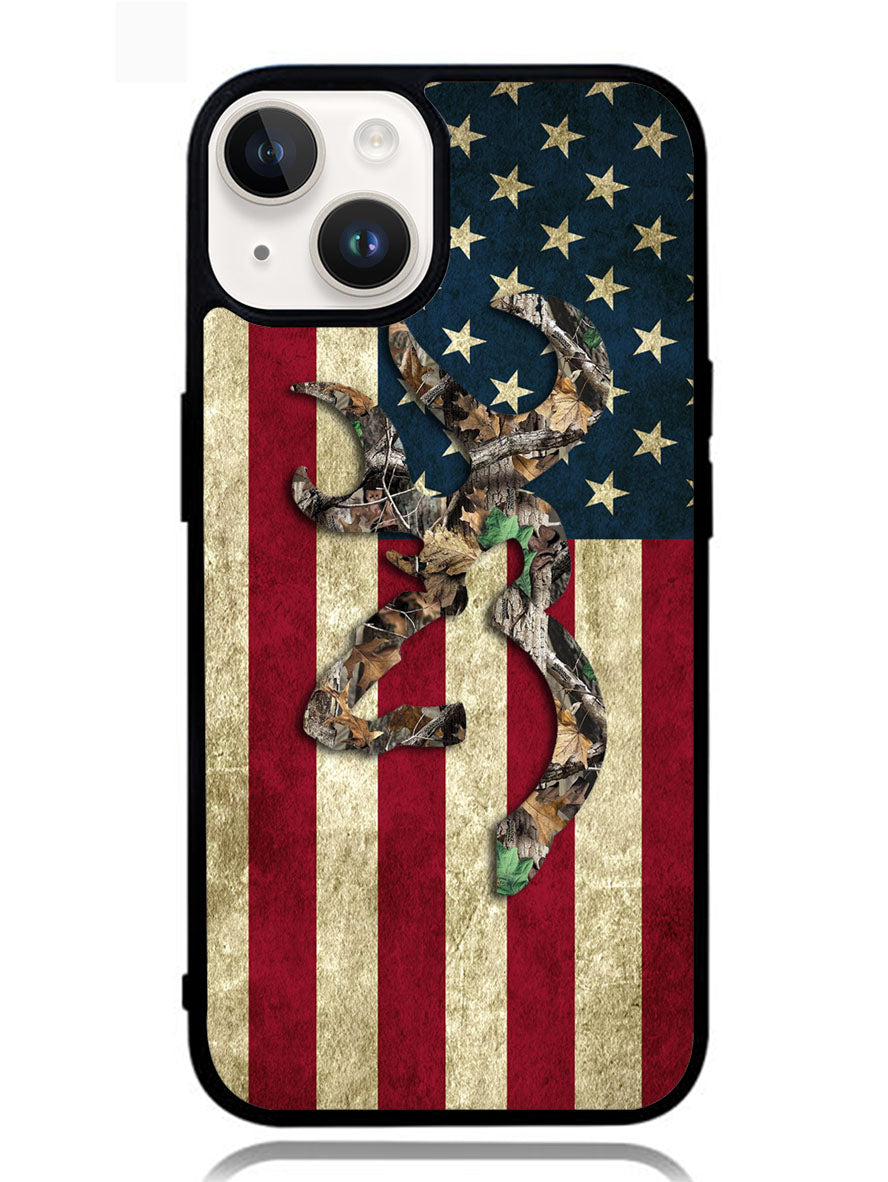 Browning Deer Real Tree Camo USA Flag iPhone 14 Case