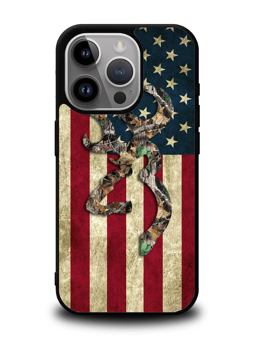 Browning Deer Real Tree Camo USA Flag iPhone 15 Pro Case