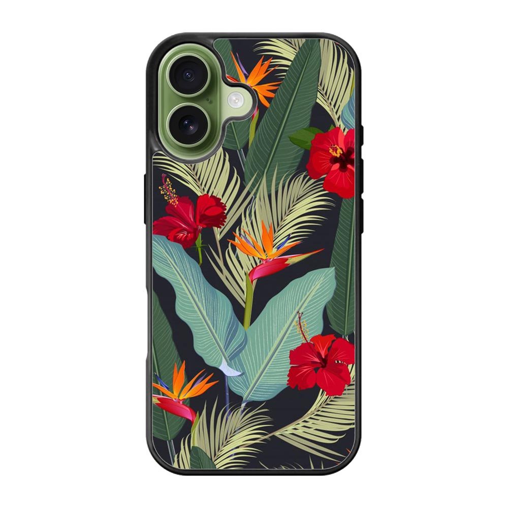 pattern tropical leaves with red hibiscus flower and bird of paradise iPhone 17 Case QC10790