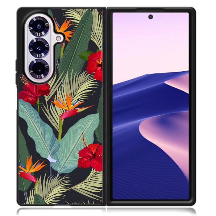 pattern tropical leaves with red hibiscus flower and bird of paradise Samsung Galaxy Z Fold 7 Case OV10790