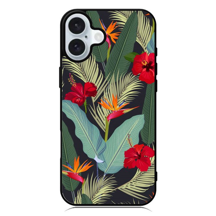 pattern tropical leaves with red hibiscus flower and bird of paradise iPhone 16 Case QC10790