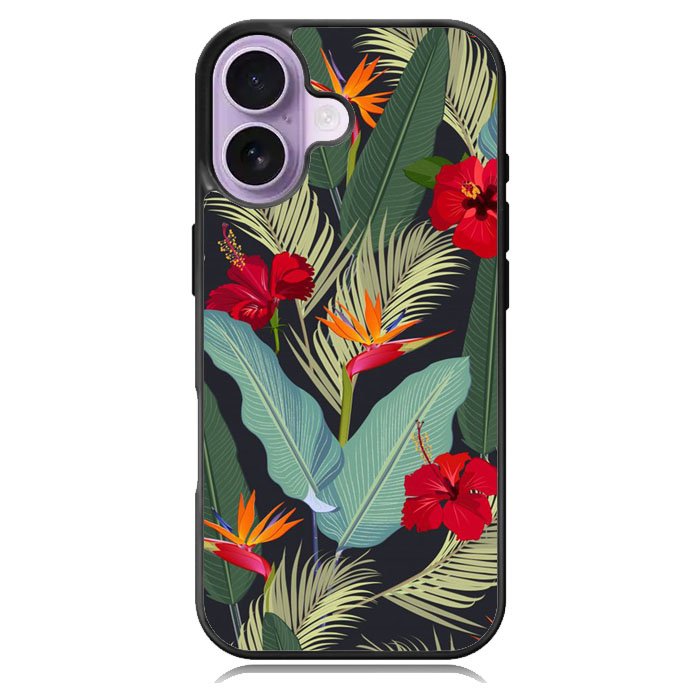 pattern tropical leaves with red hibiscus flower and bird of paradise iPhone 17 Case OV10790