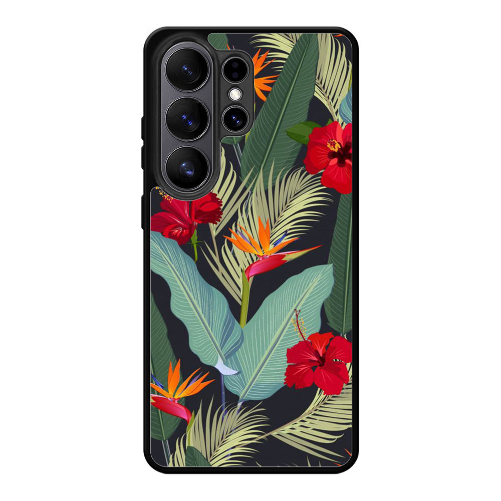 pattern tropical leaves with red hibiscus flower and bird of paradise Samsung Galaxy S26 Ultra Case OV10790